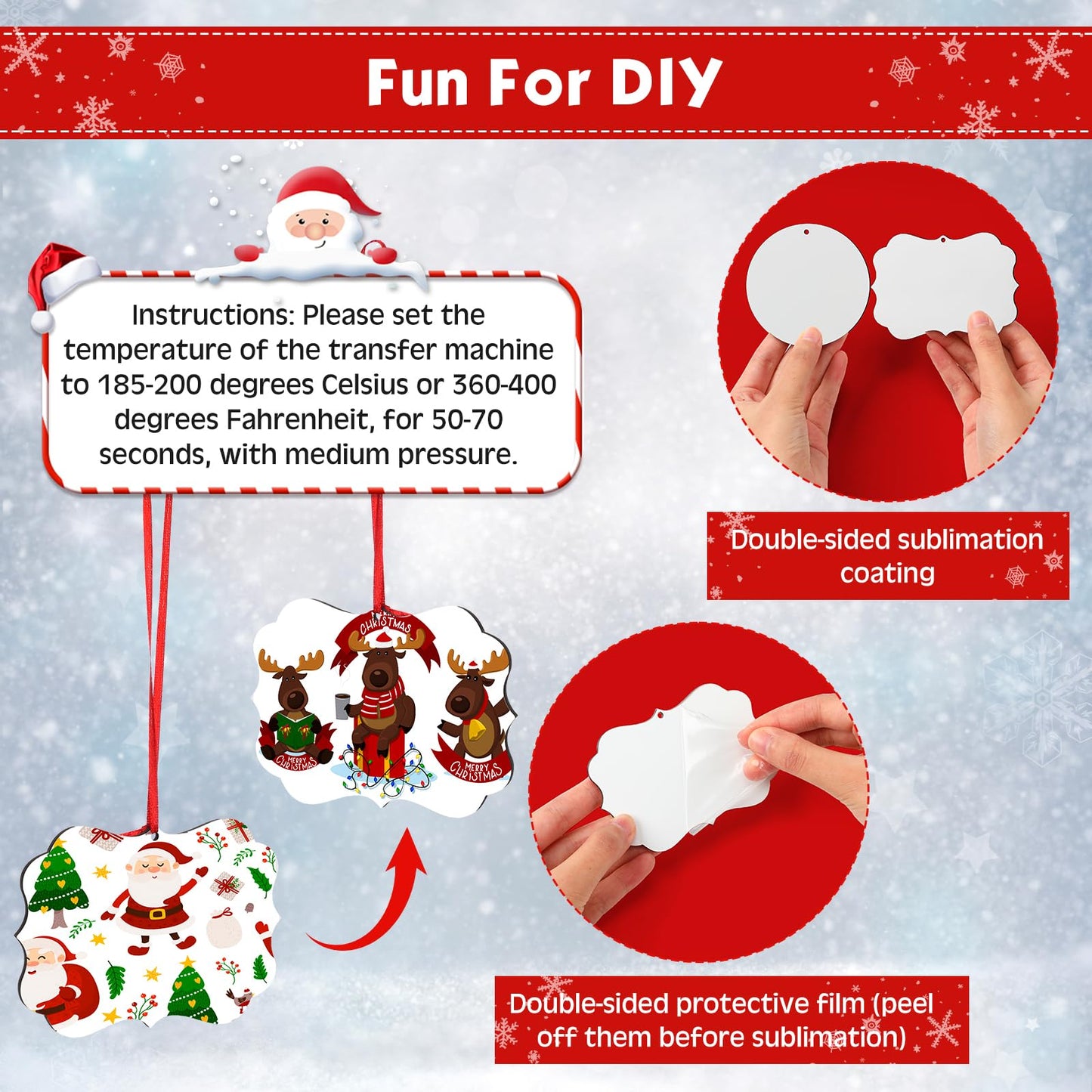 Jenaai 48 Pcs Sublimation Ornament Blanks Double Sided MDF Sublimation Christmas Ornaments Blanks Bulk for Christmas Tree Decor DIY Crafts with Red Ribbon, DIY Handmade Crafts Ornaments(3.15 Inch)