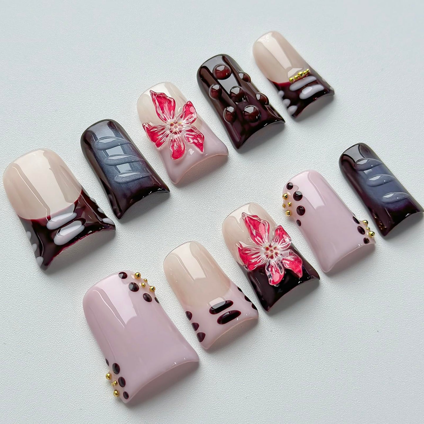 Luxury Press on Nails Short Duck Handmade 3D Unique Reusable ABS Material Fake Nails French Tip False Nails with Designs Flower Polka Dots Purple Glossy Glue on Nail Thick Acrylic Nail(S)