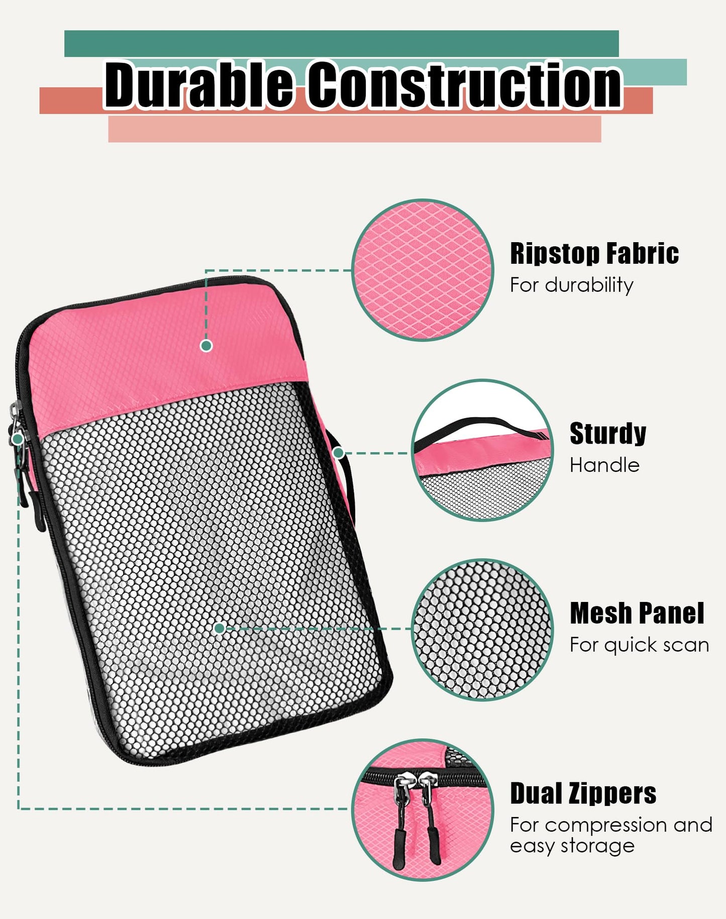 WTREE 4-Piece Packing Cubes Travel Accessories Set for Suitcases - Luggage Organizer Bags with Double Zipper - Mesh Top - Small/Medium/Large/Slim - Pink