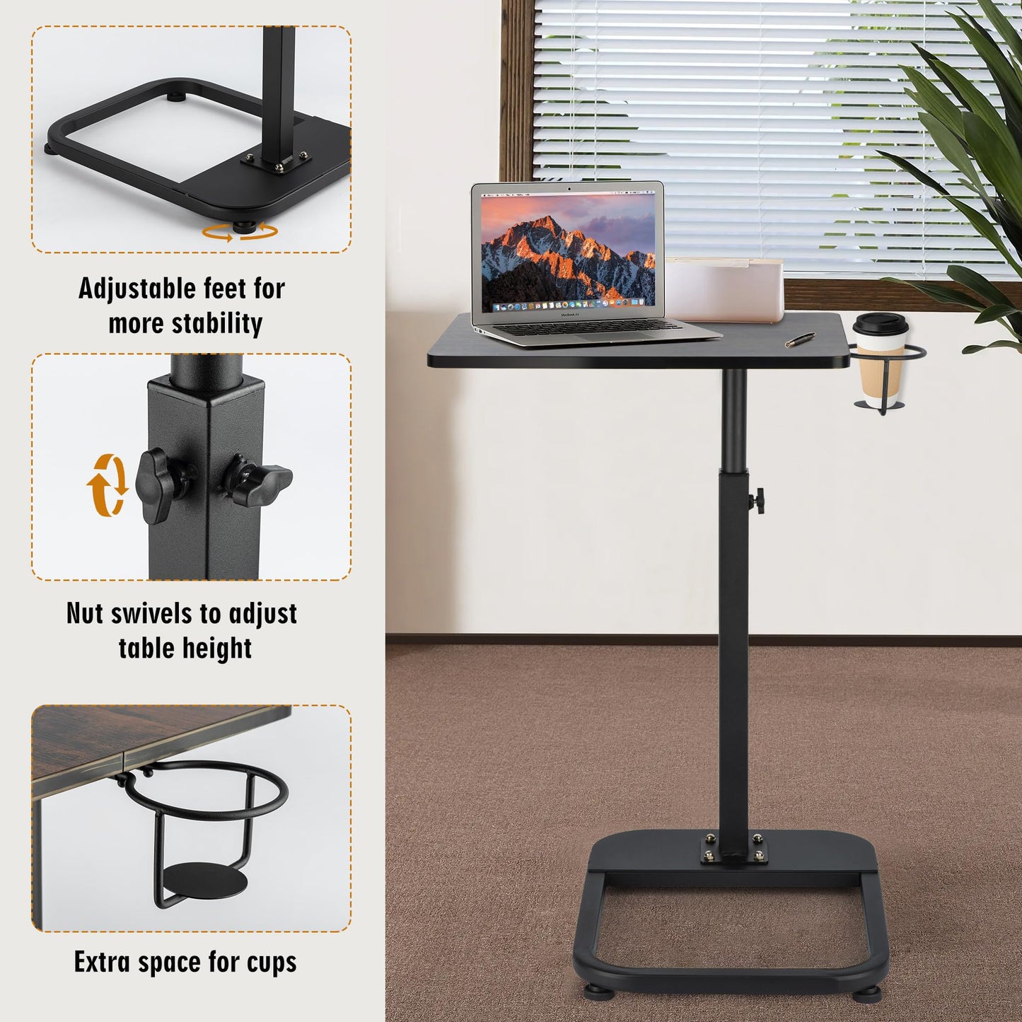 facka Adjustable TV Tray Table with Rounded Metal Corners, C-Shaped Snack Table for Couch, Sofa, Bed or Chair, Small Space Side Table for Eating, Dinner, or Laptop Use