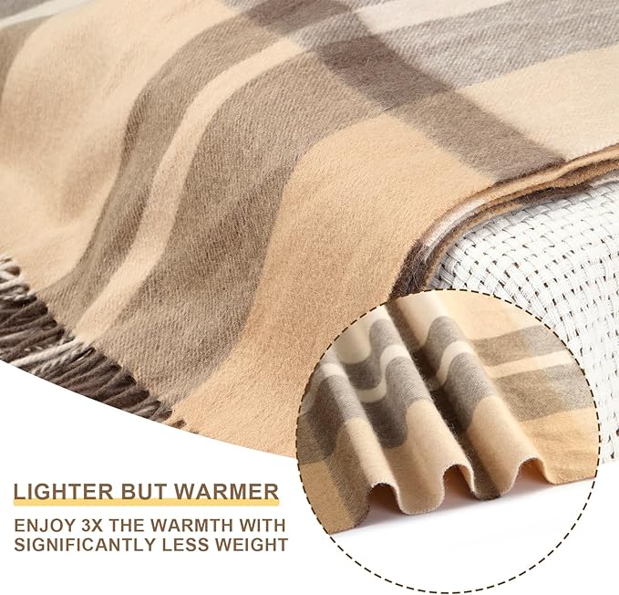 Throw Blanket Plaid with Carry Bag | Soft Wool Travel Blanket 55"x83" 1.5lbs | Beige Plaid Decorative Throw for Couch, Camping & Gift