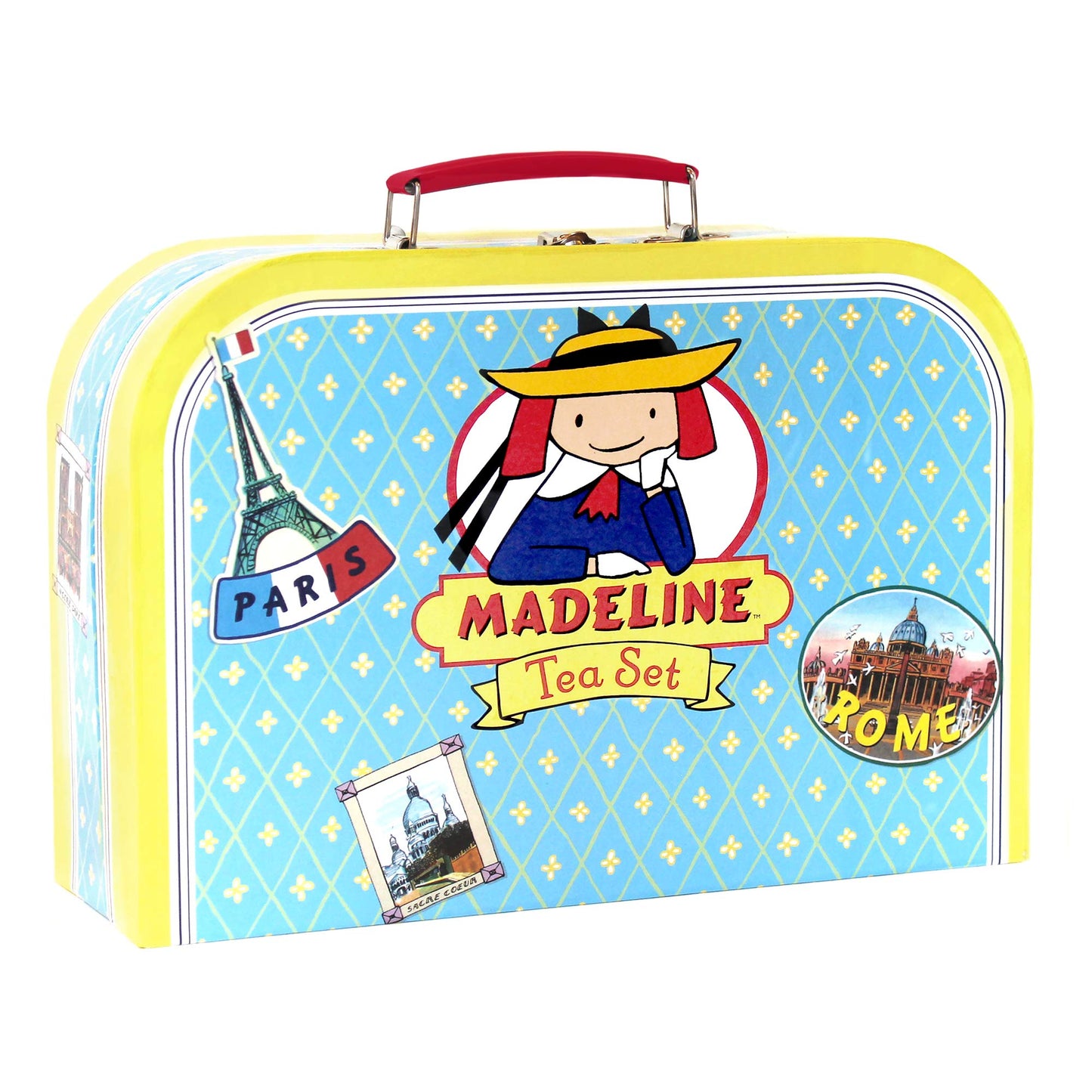 YOTTOY Madeline Collection | 23-Piece Kids Tin Tea Set Toy w/ Illustrations, Monograms, Carry Case
