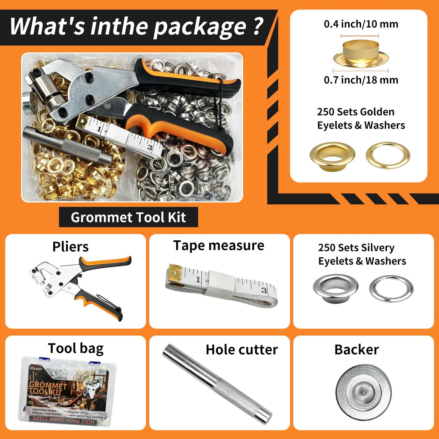 GTAAOY Heavy Duty Grommet Tool Kit, 1000Pcs 3/8 Inch Eyelet Press Pliers(10mm), Manual Handheld Puncher Set for Banner DIY Tarp Ring Repair and Installation(250set Silver + 250set Gold)