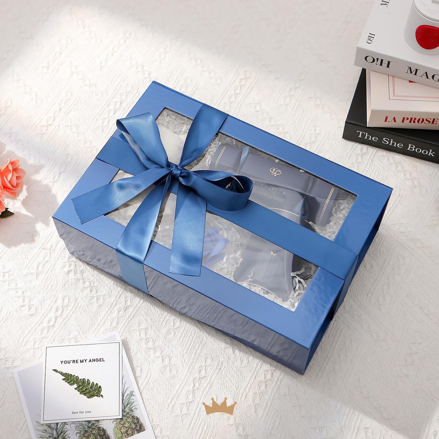 PACKQUEEN Large Blue Gift Box with Window, 13.5x9x4.1 Inches Clear Gift Box for Present Contains Ribbon, Card, Groomsman Proposal Box with Magnetic Lid (Glossy Blue)