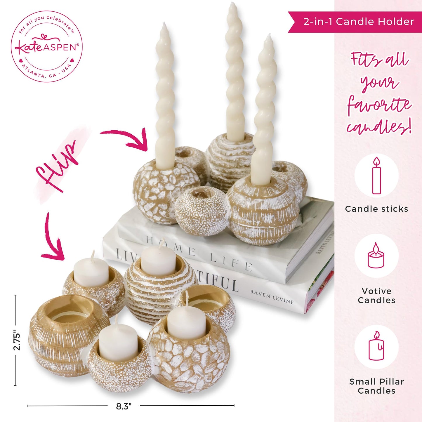 Kate Aspen 2-in-1 Gold Candle Holder Centerpiece for 6 Candles – Tealight & Taper Candle Holder, Gold Table Decor for Dining Room, Coffee Table, Boho, Rustic or Modern Home Decor
