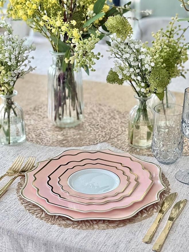 " OCCASIONS " 20 Pieces 13.25'' Scalloped Disposable/Reusable Plastic Charger Plates for Wedding, (Scalloped Imperial Blush & Gold)