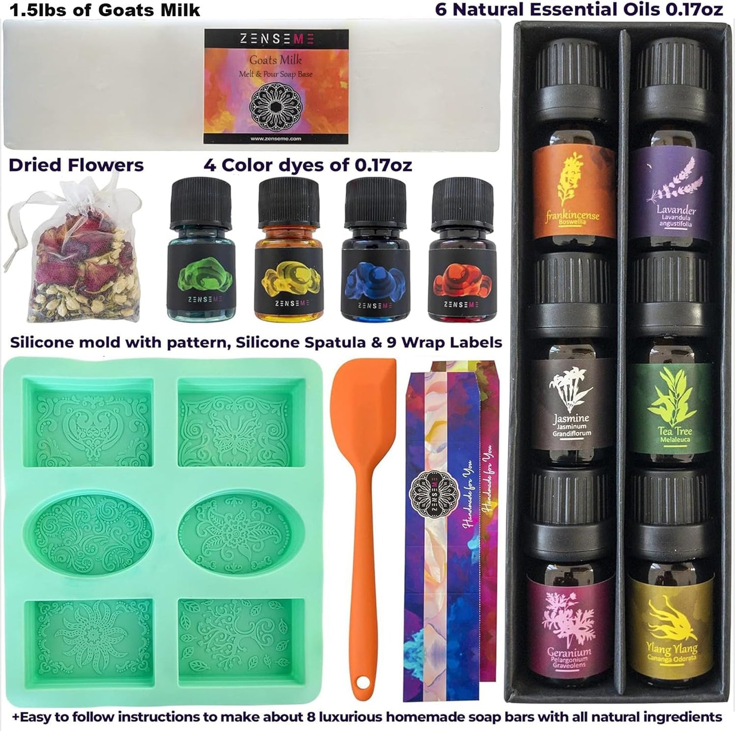Soap Making Kit for Adults, Make Your Own Soap with Melt & Pour diy gentle soap supplies; 6 Essential Oils, Silicone Soap Mold, Spoon, Dried Flowers, 1.5lbs. Goats Milk Soap Base, 4 Colors, 9 Labels