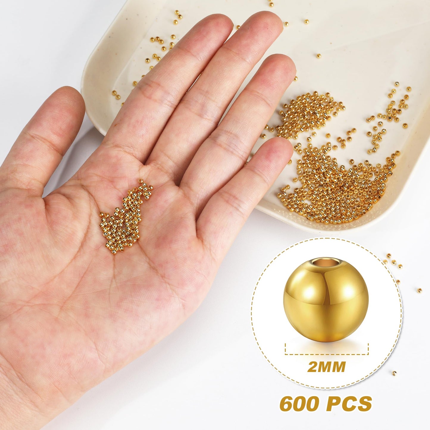 600pcs 2mm 18K Gold Filled Spacer Beads for Bracelets, Necklace, Earring - Seamless Tiny Small Gold Round Spacer Beads for Jewelry Making DIY Bulk Supply