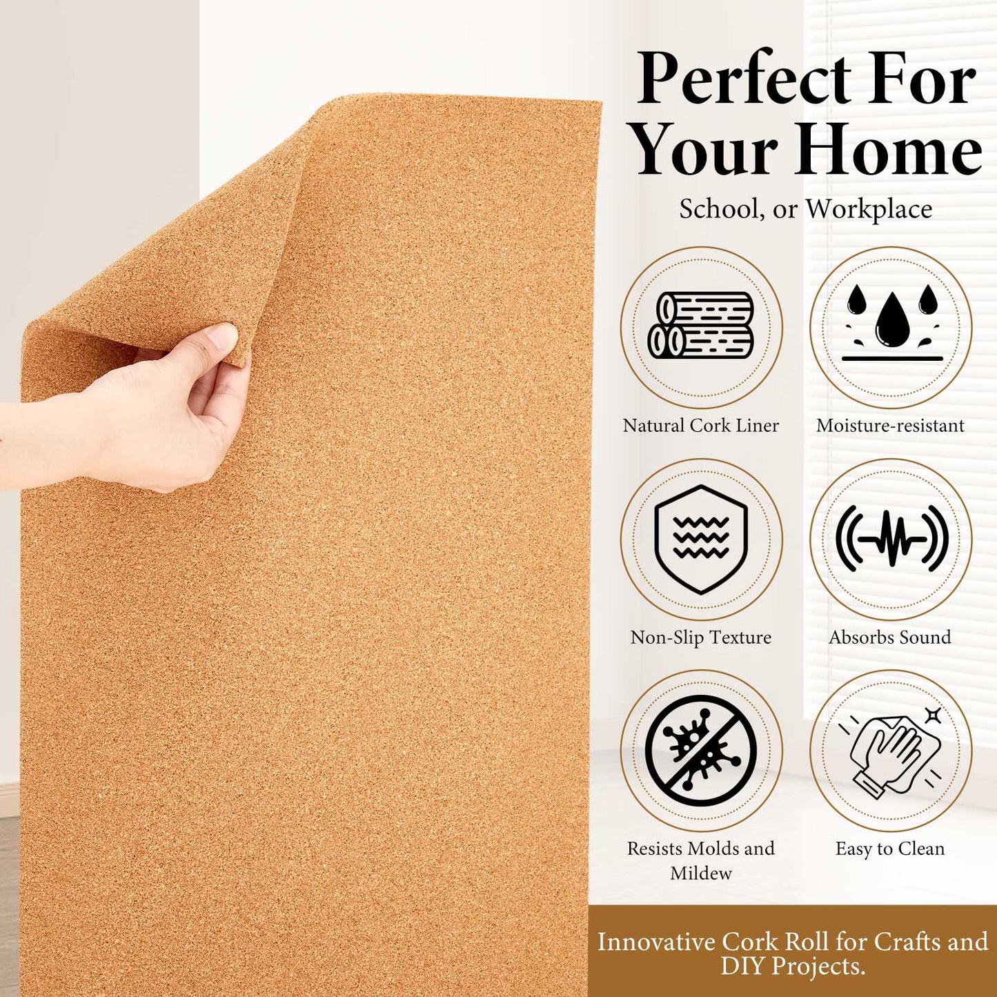 Pangda Multi-Purpose Cork Board Roll 12in x 10ft, 1/4" Thick Cork Roll for Bulletin Boards, Decorative Photo and Message Push Pin Displays Versatile for Home, School, and Office