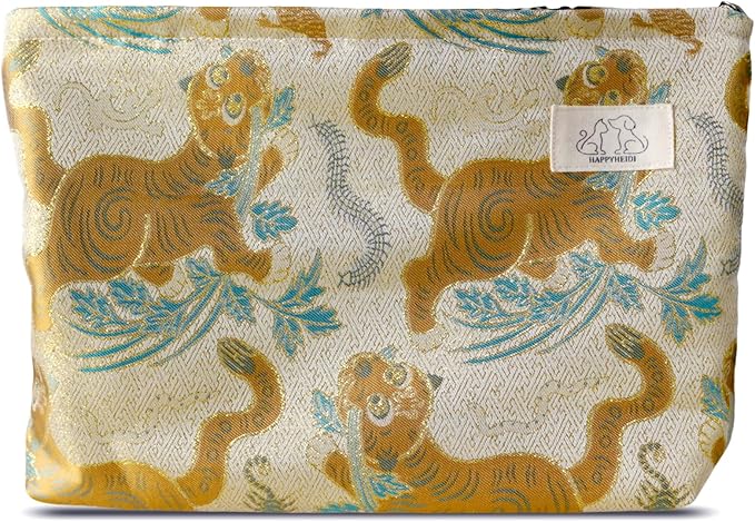 HAPPYHEIDI Cute Pouch Makeup Bag Cosmetic Toiletry Travel, Tote Purse Organizer, Machine Washable, Large Capacity, Champagn Golden Brown Baby Tiger