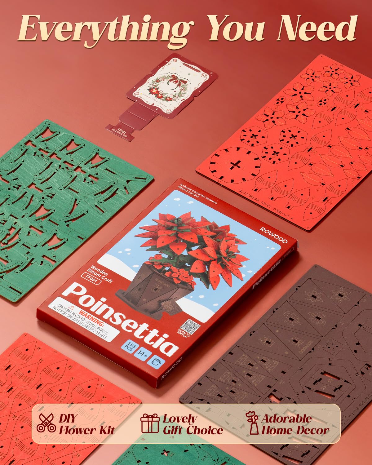 Rowood 3D Puzzles for Adults,Poinsettia Building Set Craft Kit,Artificial Flower Botanical Collection,Christmas Flowers Decoration Centerpiece for Table