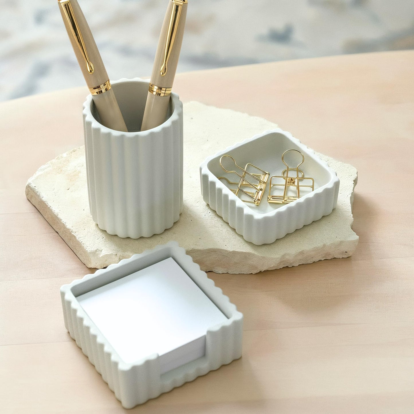 KIBAGA Modern Aesthetic Desk Accessories Set of 3 - Stylish Concrete Organizers for Pens & Office Supplies - A Cute and Functional Addition to Your Workspace Decor