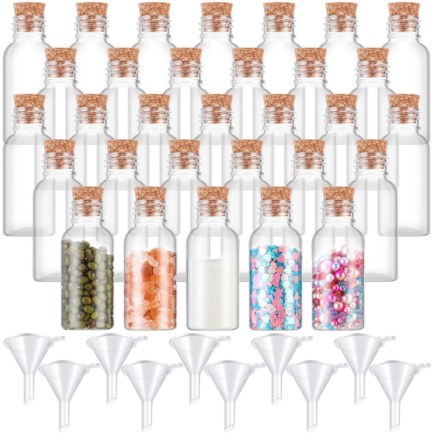 Sabary 50 Packs 1 oz Plastic Sand Art Bottles with Cork Stoppers Mini Vial Potion Bottles Perfume Cork Jar with Mini Funnels for Filling Jar for DIY Craft, Essential Oil, Message, Party Favor