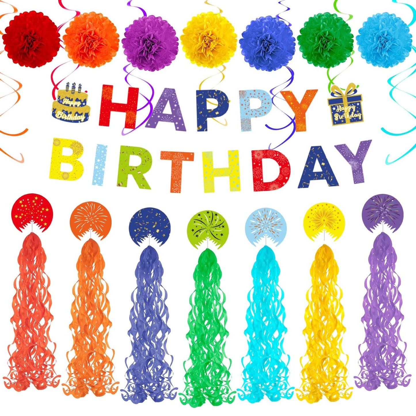 Rainbow Birthday Decorations Kit, 22Pcs Pre-Strung Happy Birthday Banner, Hanging Swirls & Paper Flowers for 21st 30th 40th 50th 60th Milestone Birthday Party Supplies