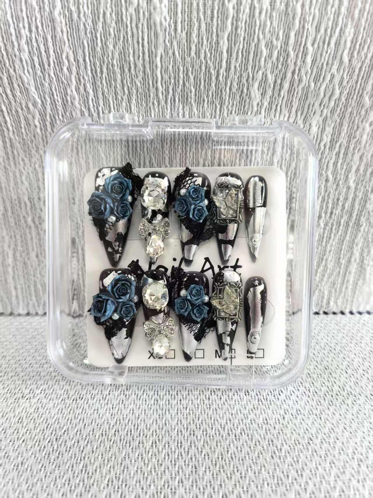 10pcs Handmade Press on Nails Long Stiletto False Nails Black Fake Nails with 3D Blue Flower Rhinestones Bow Designs Sparkly Charm luxury Artificial Nails Reusable for Women (Size M）