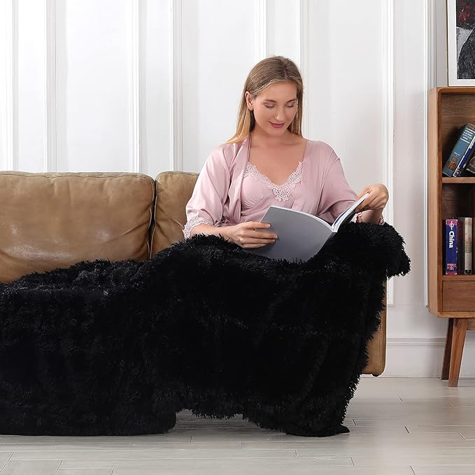 Tuddrom Decorative Extra Soft Faux Fur Blanket Queen Size 80" x 90",Solid Reversible Fuzzy Fluffy Cozy Plush Fleece Comfy Microfiber Fur Blanket for Couch Sofa Bed,Black