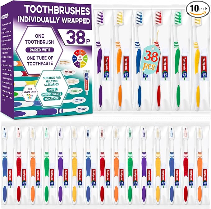Disposable Toothbrush with Toothpaste 38 PCS, Travel Toothbrush and Toothpaste Bulk Set, Soft Bristle Individually Wrapped Toothbrushes Bulk for Kids, Adult. Suitable for Hotel, Travel, Home, Donated