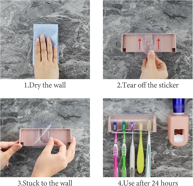 5 Slots Wall Mount Toothbrush Holder with Cover, Self Adhesive Toothbrush Storage Organizer for Shower, Toothbrush Hanger with Automatic Toothpaste Squeezer Dispenser (Pink)