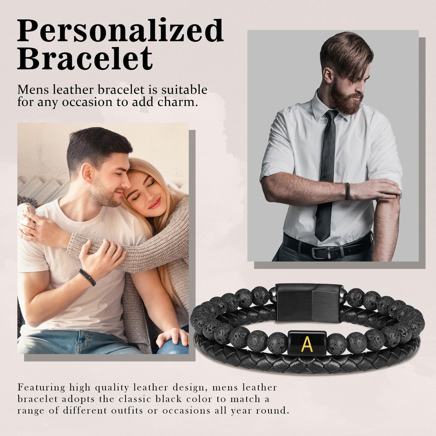 Initial Beaded Bracelet for Men with Lava Rock Beads and Leather