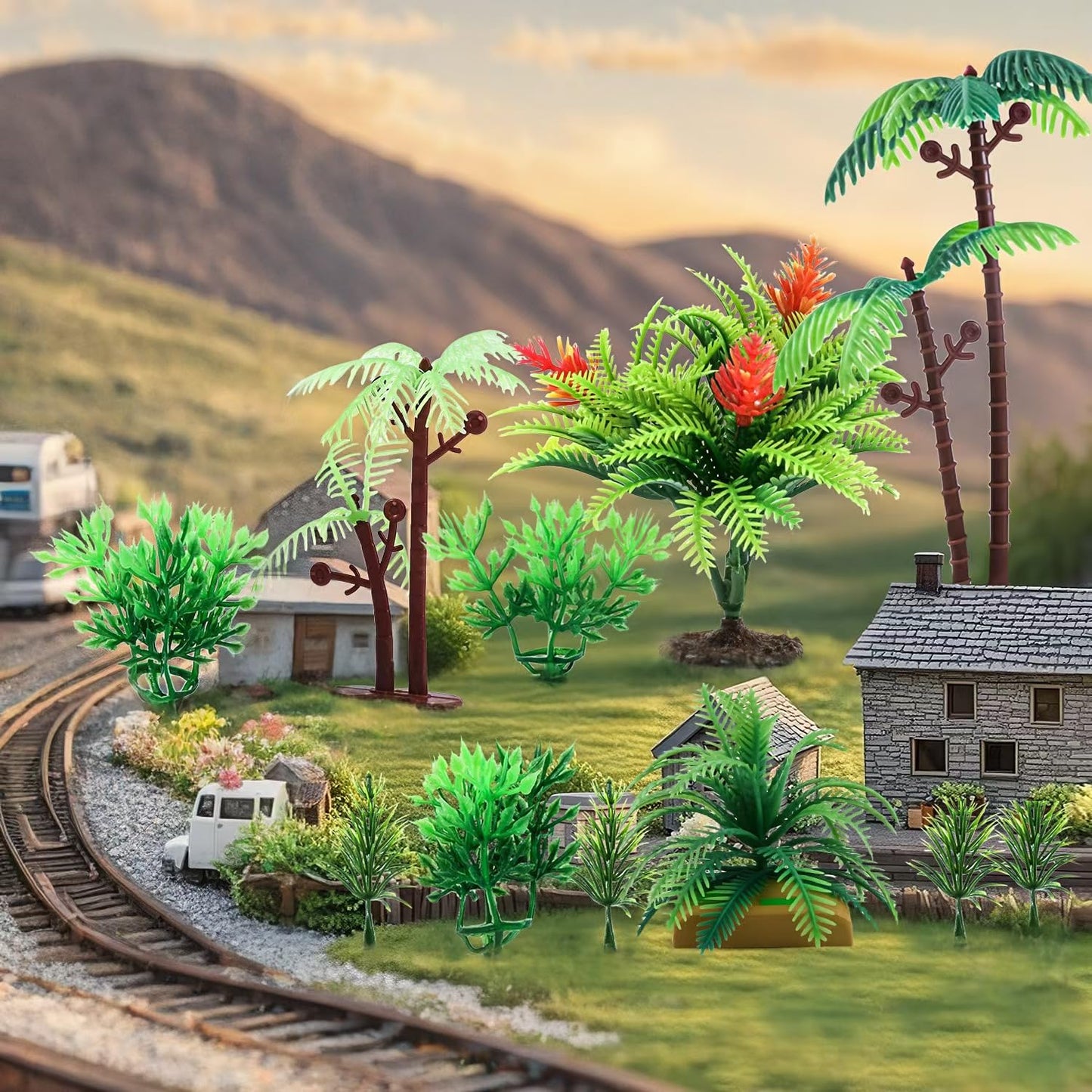20Pcs Artificial Tree Set, Mini Cactus Tree Grasses Figurines Ornaments for Micro Train Landscape Railway Desert Sand Animal Table Diorama Accessory Garden Decoration