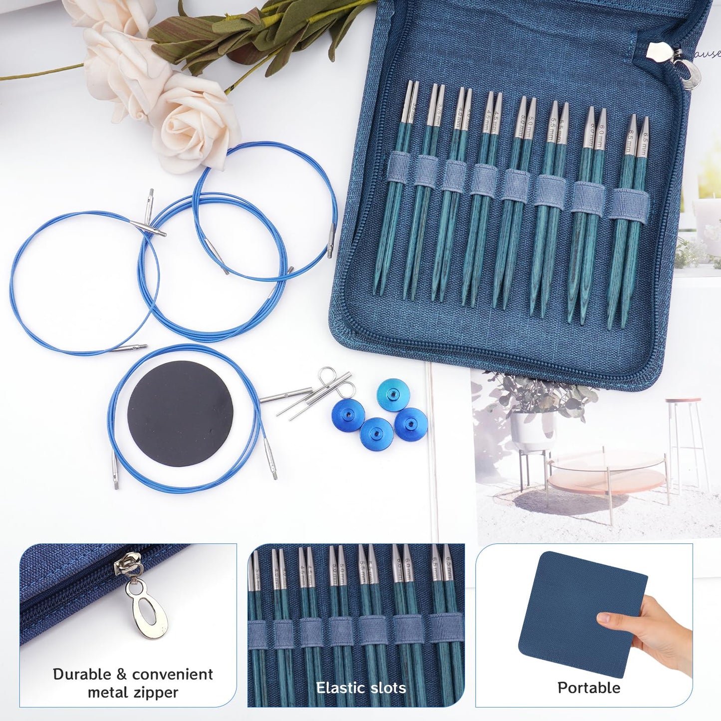 BsHooker Interchangeable Circular Knitting Needles Set with Case,3.5mm-6.5mm Birch Wood Knitting Needles Set with Cables,Complete Accessories