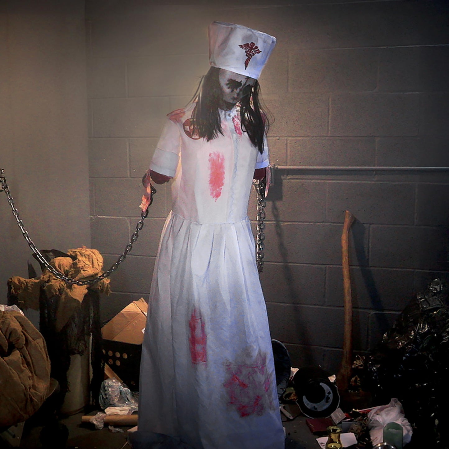 Haunted Hill Farm Life-Size 5.2-Ft Animatronic Convulsing Nurse by Tekky Halloween Decoration with Motion-Activated Sounds