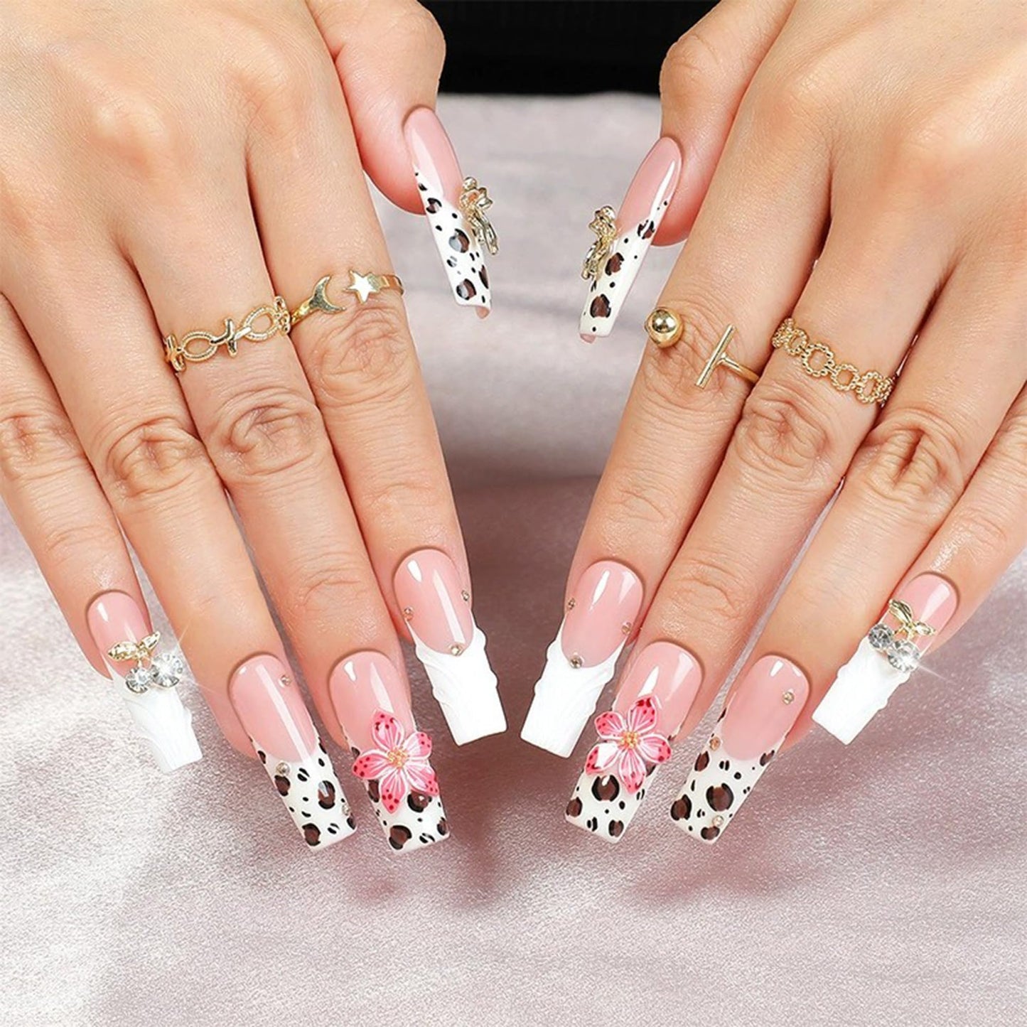 Handmade Press On Nails - White French Tip Press on Nails Long Square Fake Nails with 3D Flower and Rhinestones Bow Designs Long Acrylic Sparkly False Nails for Women Nails DIY 10Pcs(Size M)