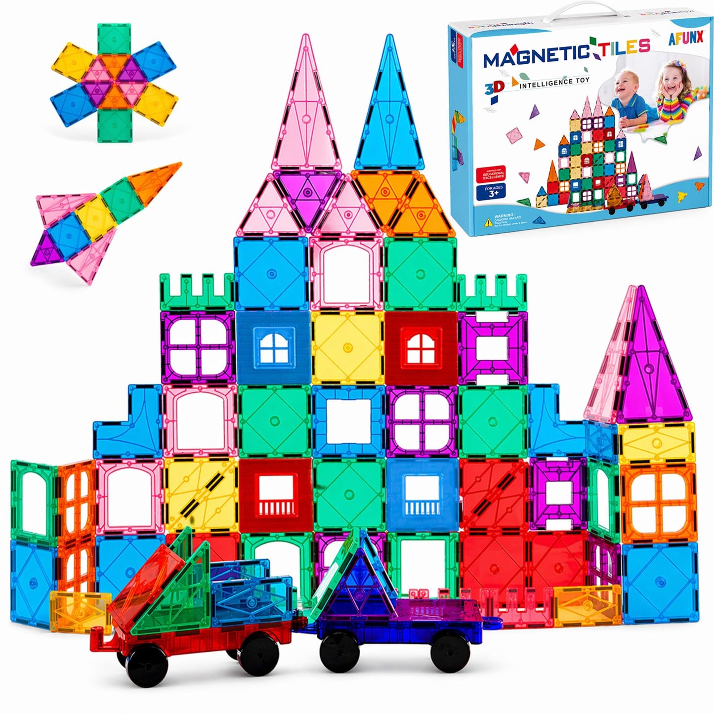 AFUNX Magnetic Tiles,102PCS Magnetic Building Blocks 3D Clear Construction Playboards, Inspiration, Creativity Beyond Imagination, Educational Magnet Toy Set for Kids with 2 Cars