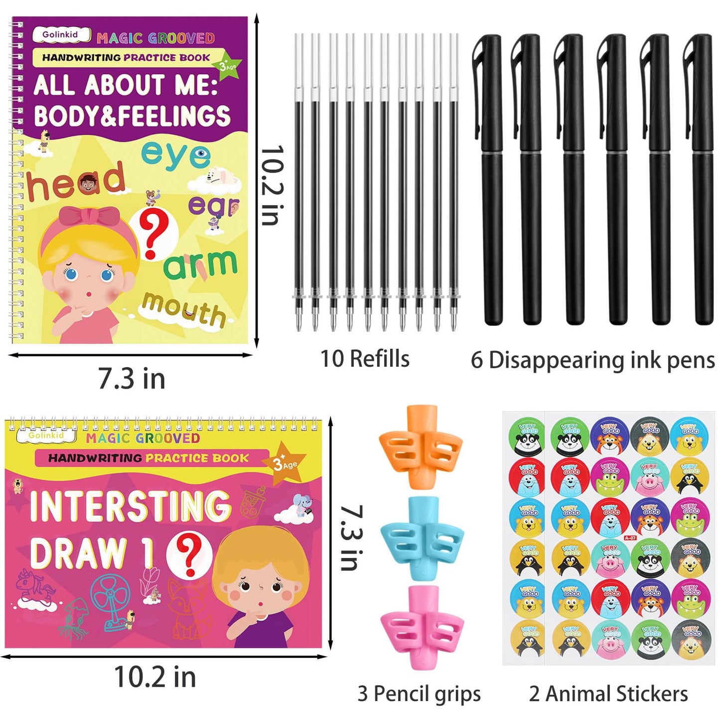 Golinkid Magic Grooved Writing Practice, grooved Handwriting Practice for Kids 8 Books, Preschool workbook for Ages 3-10 with 6 Magic pens 10 Ink Refills, 3 Pencil Grips for Kids Handwriting