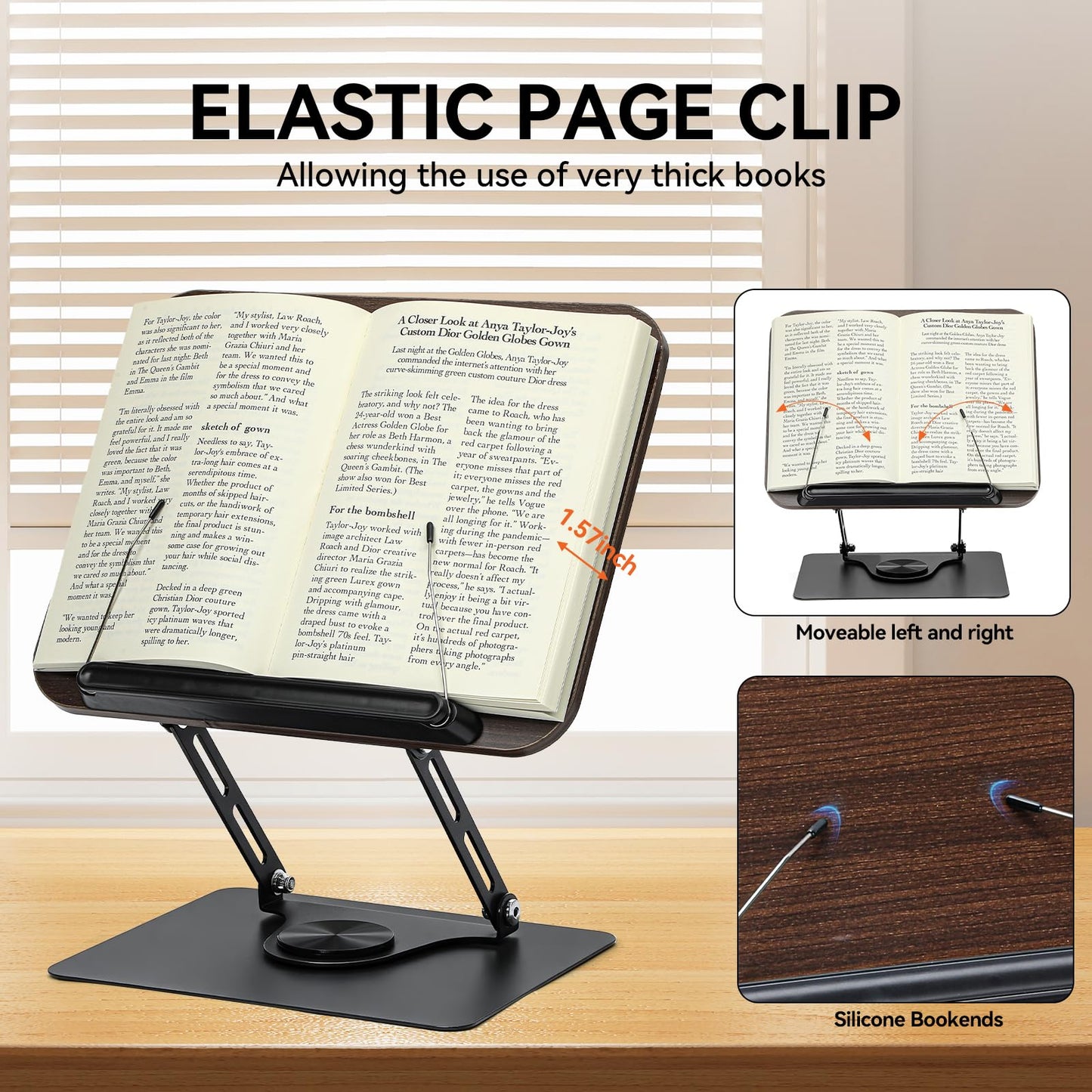 360° Rotating Book Stand for Reading, Adjustable Foldable Book Holder for Reading, Cooking, Office, Compatible with Cookbooks, Textbooks, Tablets, Sheet Music, and Laptops (Black Walnut)