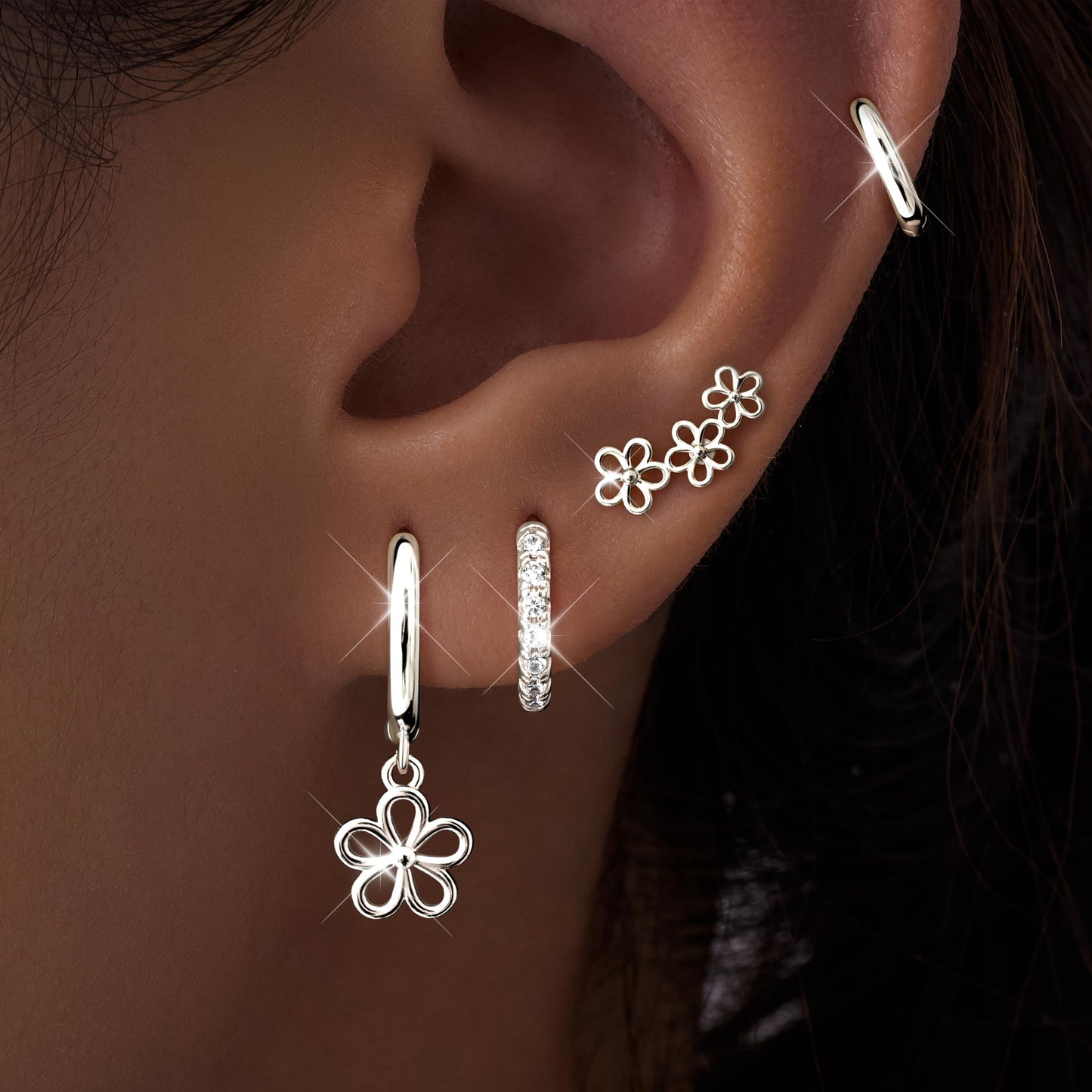 Flower Earrings for Women,Huggie Small Stack Cartilage Stud Hoop Silver Earring Sets for Multiple Double Piercing, Conch Helix Rook Tragus Daith Piercing Silver Clip On Jewelry Set Gifts