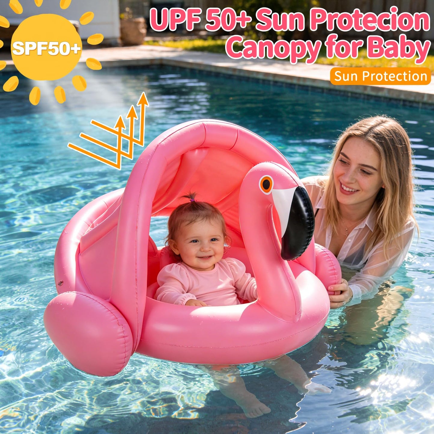 Flamingo Baby Pool Float with Canopy UPF 50+,Toddler Pool Float with Removable & Adjustable Sunshade,Inflatable Baby Swim Float with Back Holder for 8-36 Months Girls Boys Summer Essentials