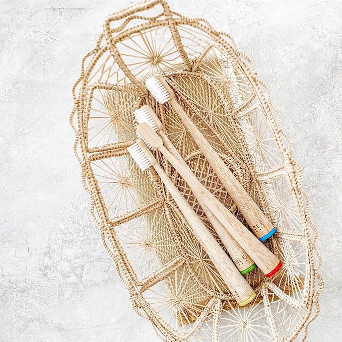 MABLE Four Pack Bamboo Toothbrush for Adult | Medium Bristle Natural Wood Toothbrushes | Eco-Friendly, BPA Free, Compostable Tooth Brush