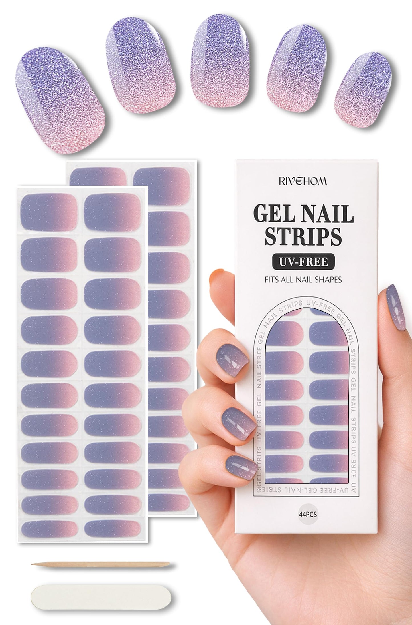 Gel Nail Strips 44Pcs, No UV/LED Lamps Needed, Pre-Cured Nail Stickers for Women Salon Quality, Polish Wraps Long Lasting, Easy Apply & Remove (Blue Purple Shine)