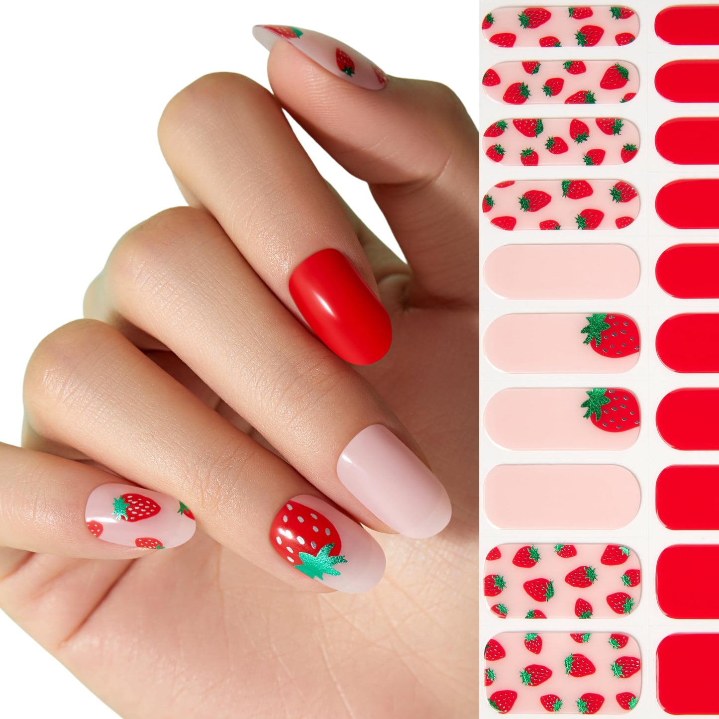 Semi Cured Gel Nail Strips - NAILOG 20 Pcs Red Strawberry Nail Stickers Extra Long Wraps with Glossy Gel Finishing for Spring, Strawberry Sorbet