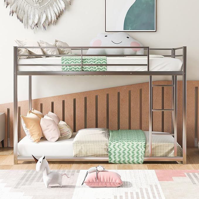 Twin Over Twin Metal Bunk Bed with Full-Length Guardrail,Low Bed Frame W/Ladder, Steel,No Noise,Bedroom Furniture for Adult Kid Boy Girl Teen,Silver