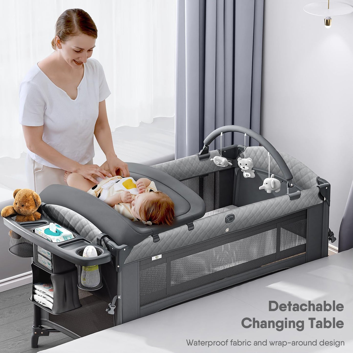 Obee Odee 4 in 1 Baby Bassinet, Pack and Play, Bedside Crib Sleeper, Diaper Changer - Comes with Mattress, Mosquito Net, Bottom Storage and Toy Bar for Newborn to Toddles