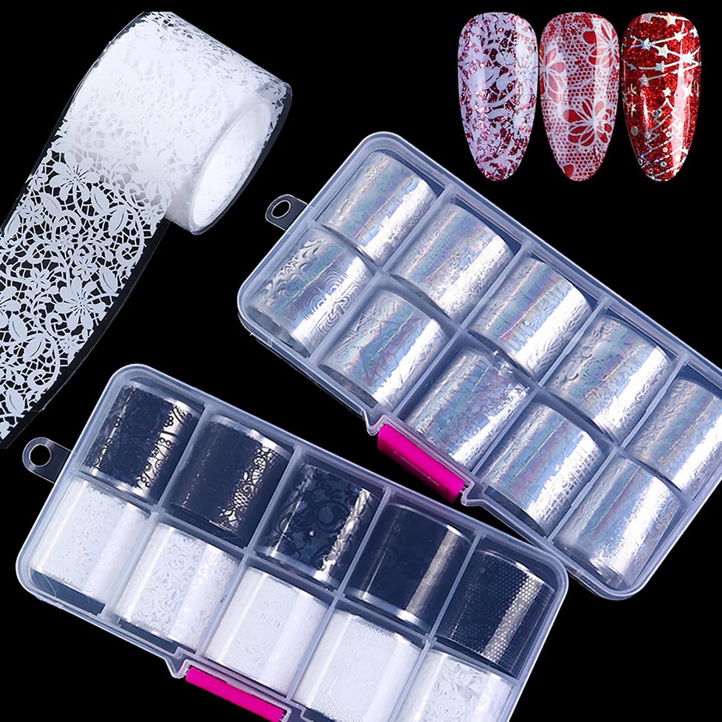JERCLITY 20 Rolls Nail Foil Transfer Sticker Kit 10 Black White Lace Flower Nail Foil Sheets 10 Holographic Laser Snowflake Transfer Nail Art Decals Wraps