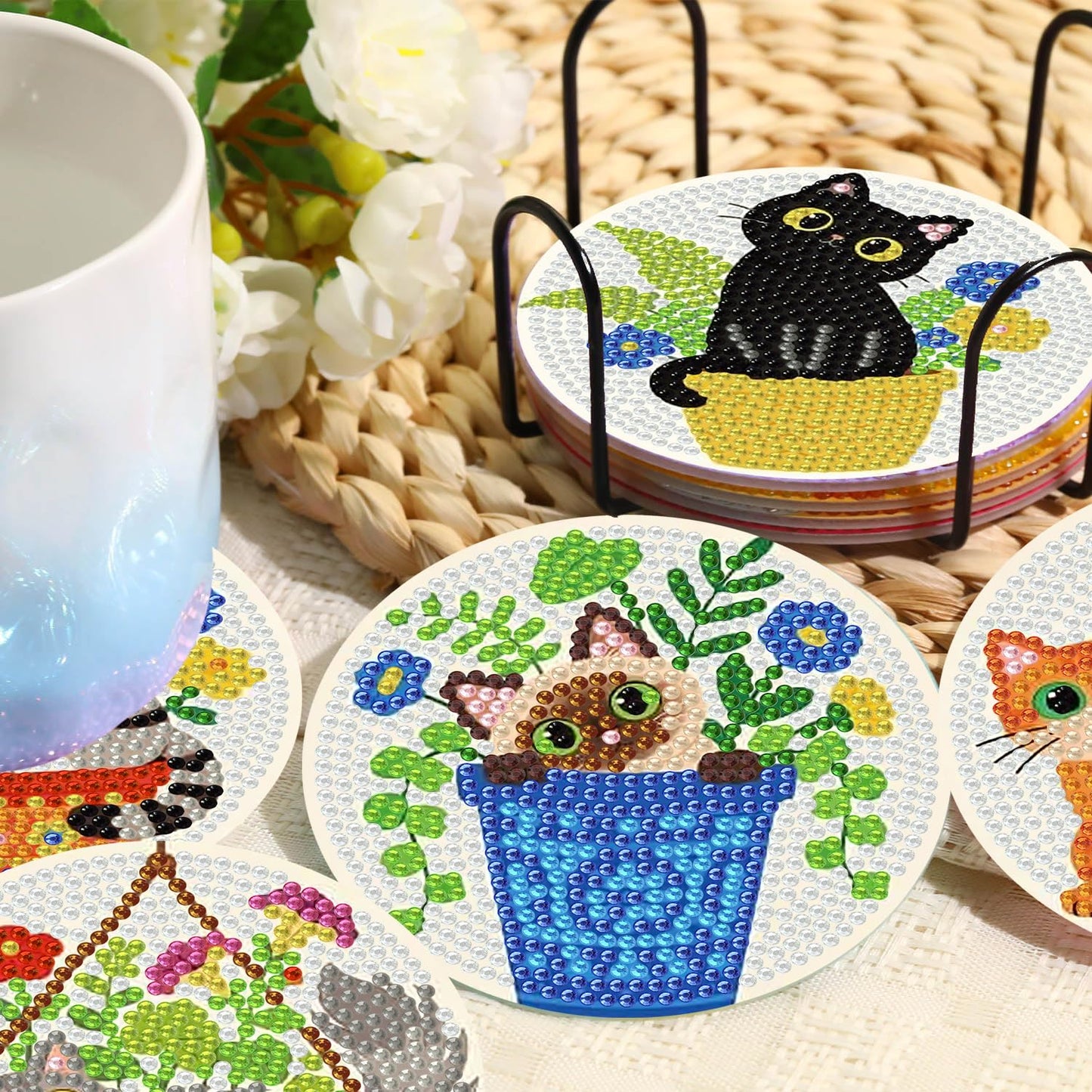 8 Pcs Cat Diamond Art Coasters with Holder, Cat Diamond Painting Coasters Kit for Adults, Crafts Kits for DIY Coasters for Cat Lover Gift 4X4 inch