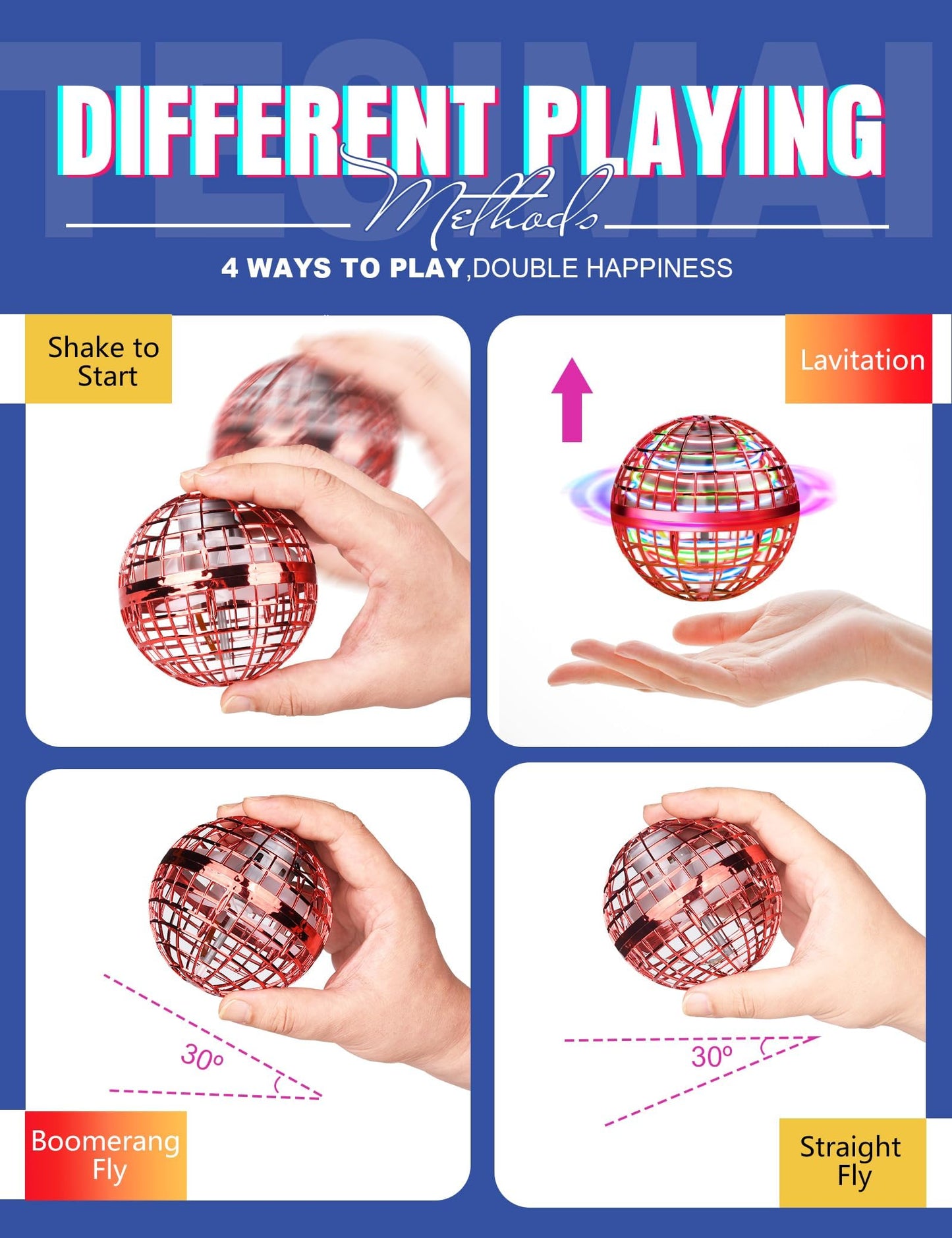 Vrainito Flying Orb Ball 2025 Upgrade, 2 Pack Hand-Controlled Flying Orb Toy, 360° Rotating Cosmic Globe Hover Ball for Kids (Blue + Red)