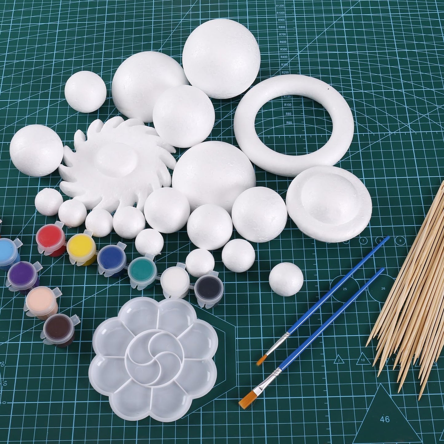 FFchuanhe 72 Pcs Solar System Model Foam Balls Kit Includes Mixed Sizes Craft Foam Bamboo Sticks Color Pigments Paint Tray Palettes Picture Plate Painting Brushes for School Science Projects