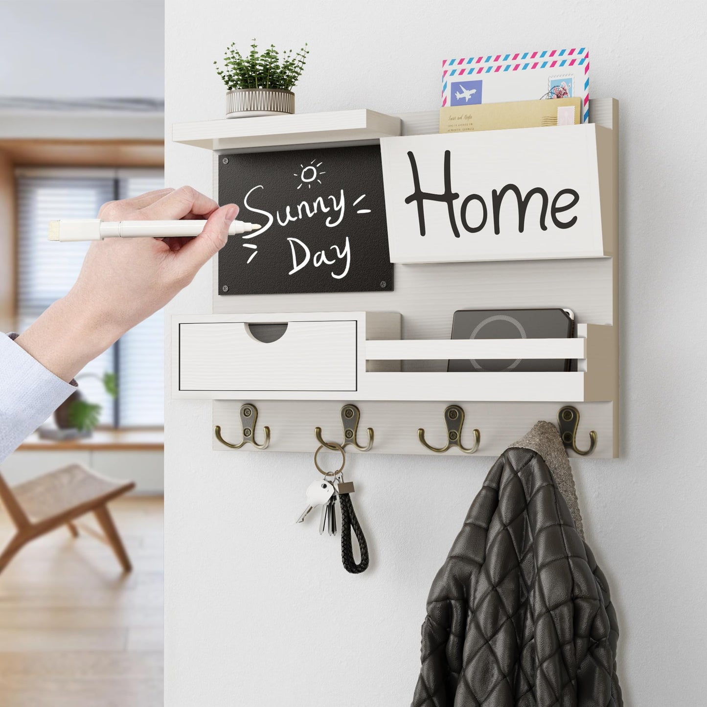 Farmhouse Key Holder for Wall with Mail Organizer - Easy Installation Wall Mount Organizer, Includes Chalkboard, Drawer, Wallet Holder & 4 Double Hooks, Ideal for Entryway, Quick Access - White