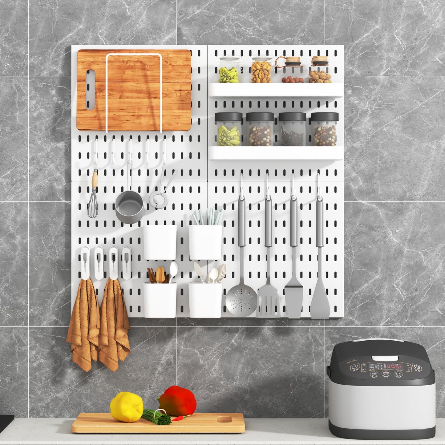 VEOFEMLEA Peg Board Combination Kit, 4 Pegboards with 20 Accessories, Pegboard Wall Organizer for Office, Nursery & Home Storage, Key Holder, 25.6"x25.6" – Nail-Free Installation（White）