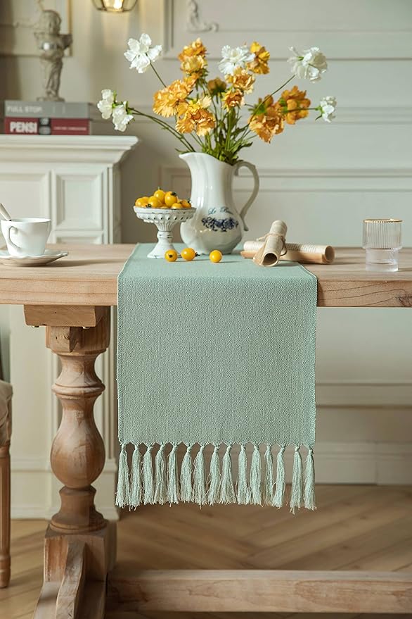 ZeeMart Sage Table Runners 36 Inches Long, Burlap Linen Style Rustic Farmhouse Table Runner, Small Short Boho Coffee Table Runner, 13x36 Inches, Seafoam