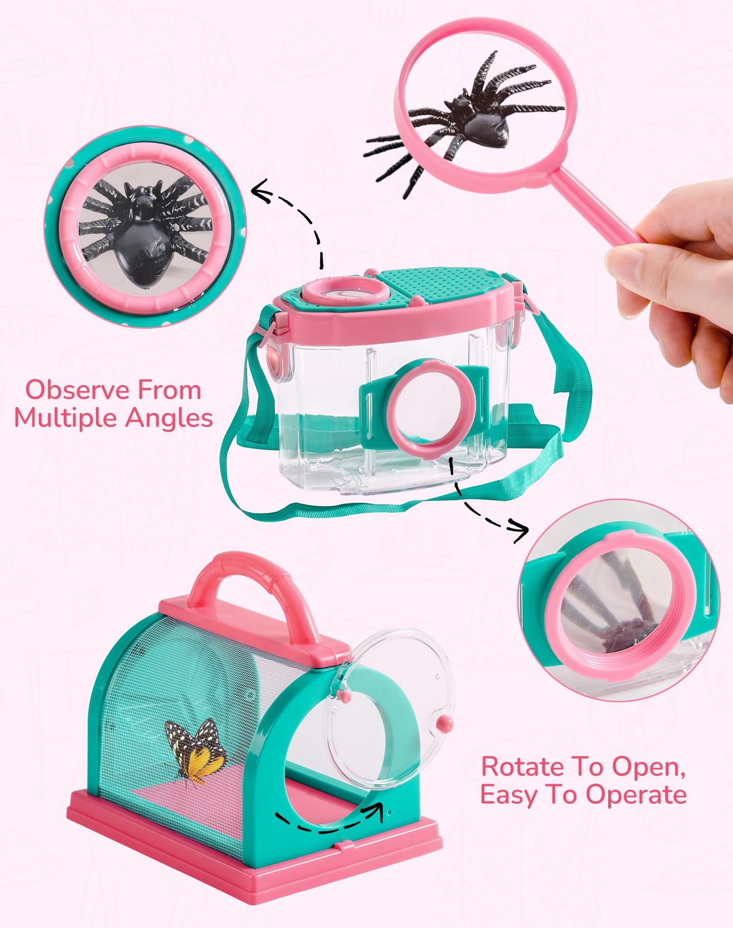 ROBUD Upgraded Bug Catcher for Kids, Bug Catching Kit with Bag Kit, Pink Outdoor Exploration Set for Camping, Montessroi Toy for Kids Coming Closer to Nature，WRP59