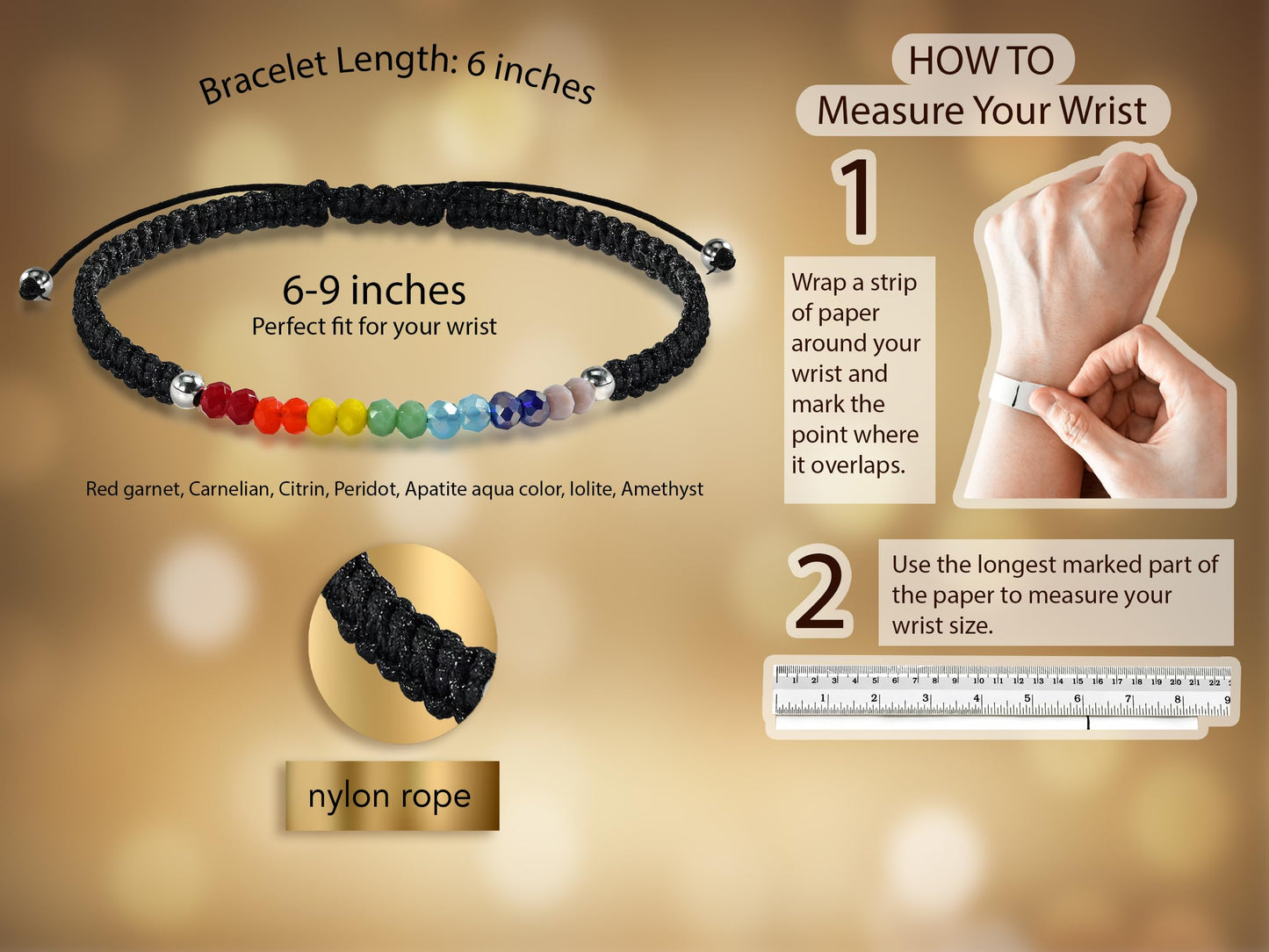 AeraVida Chakra Rainbow Healing Stone Bracelet for Couples | Adjustable 6-9 Inch Rope String Jewelry with Sterling Silver Accent for Men and Women (Black Rope)