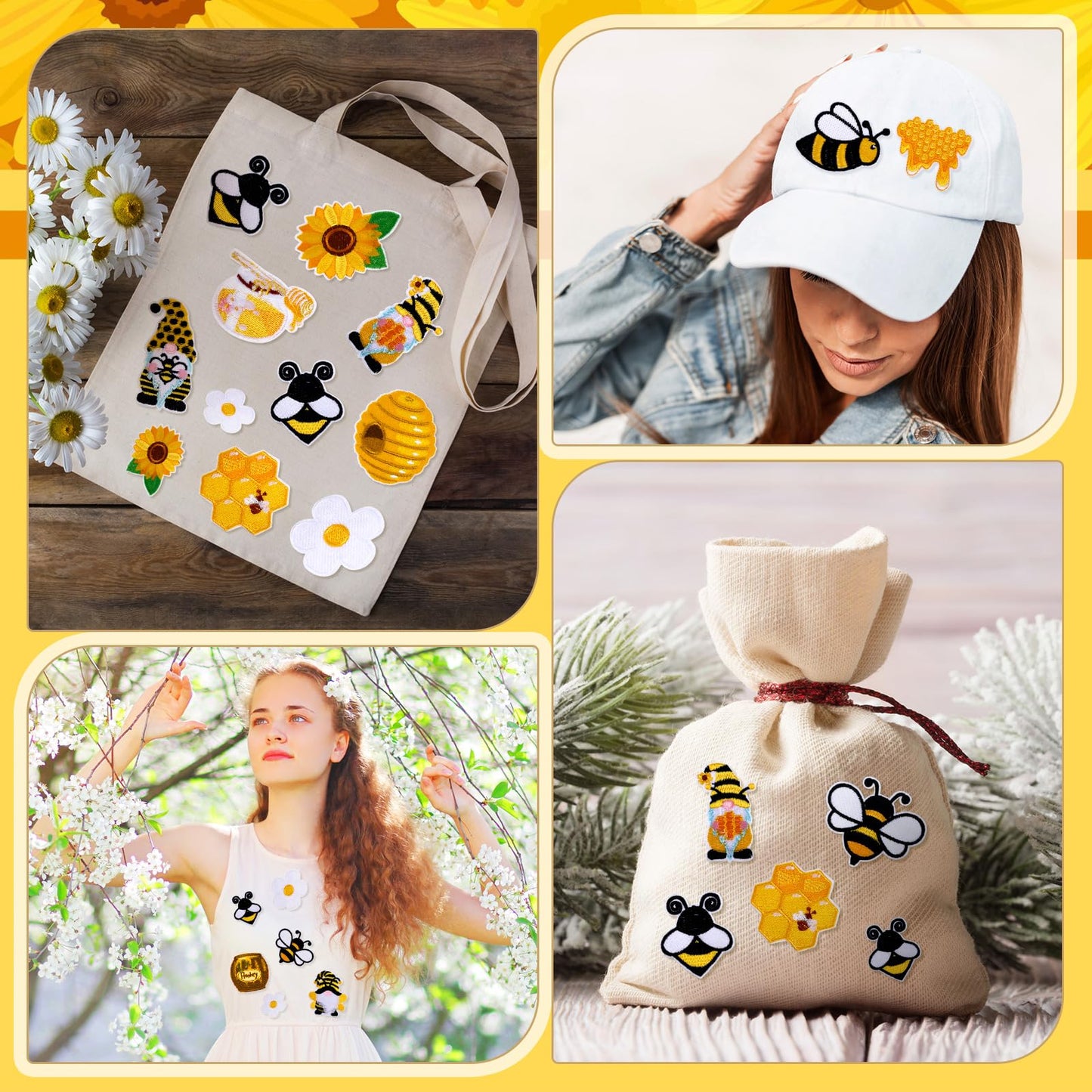 Hotop 48 Pcs Bee Iron on Patches Honeybee Patch Backpacking Sew on Embroidered for Jeans Jackets Clothes Backpack Cap DIY Crafts Sew Making