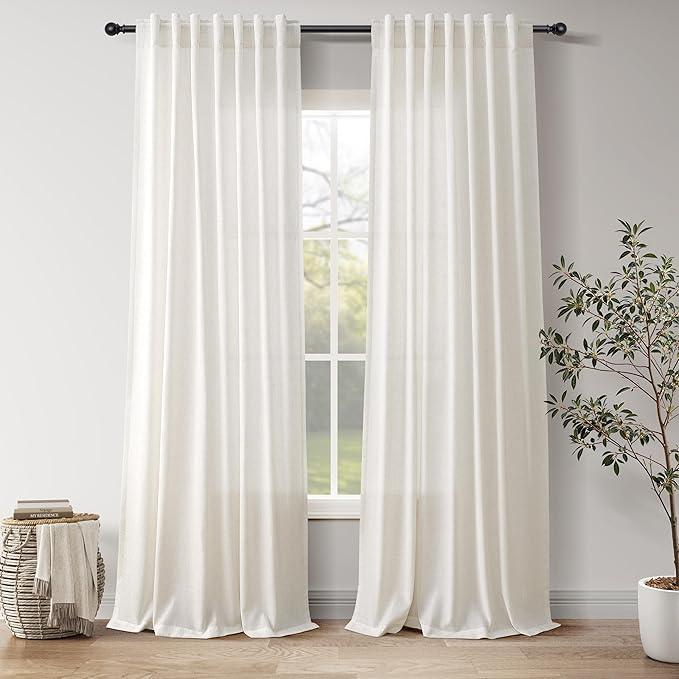 Nanspring Natural Linen Curtains for Living Room 92 Inches Long Rustic Farmhouse Decor Light Filtering Semi Sheer Curtain Back Tab and Rod Pocket Luxury Drapes for Bedroom Office 52x92, 2 Panels
