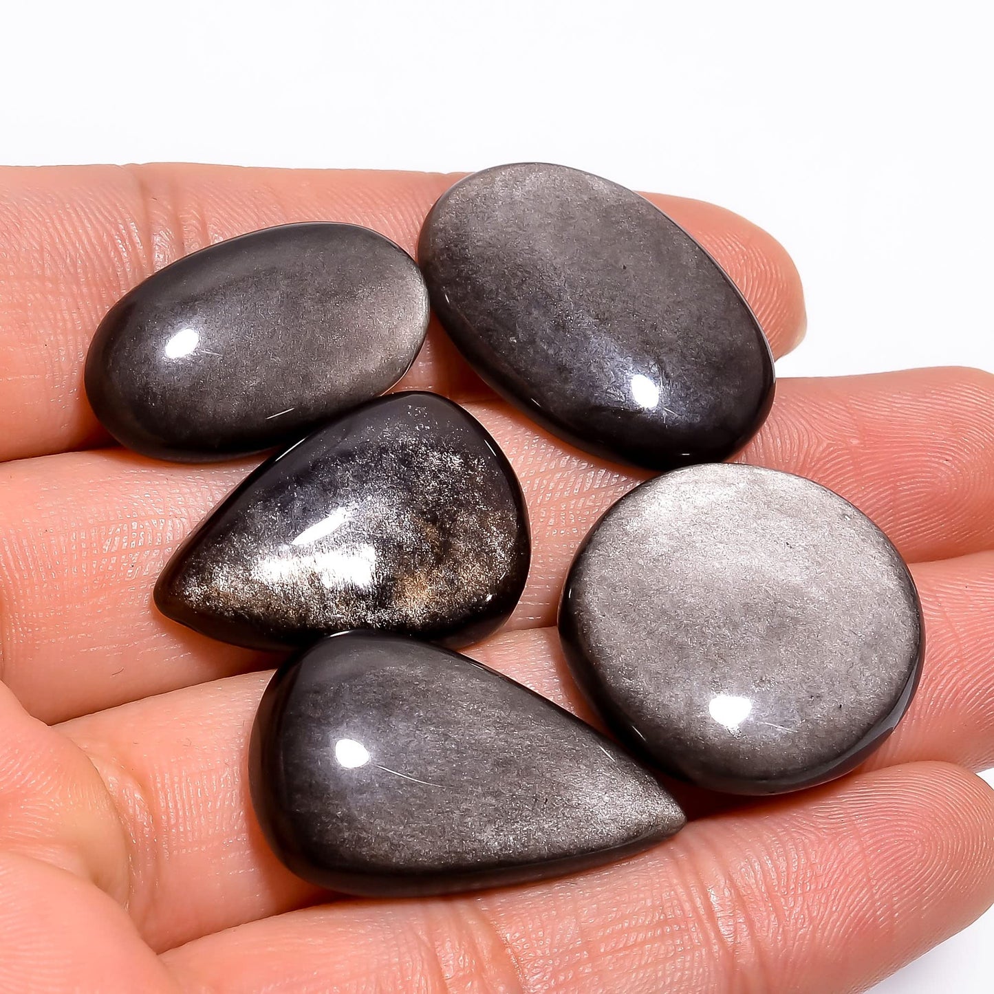 Natural Silver Obsidian Gemstone- Healing Crystals for DIY Jewelry Making -Loose Natural Cabochon -Perfect for Crafting Unique Jewelry Designs (5 pcs, 25-35 mm)