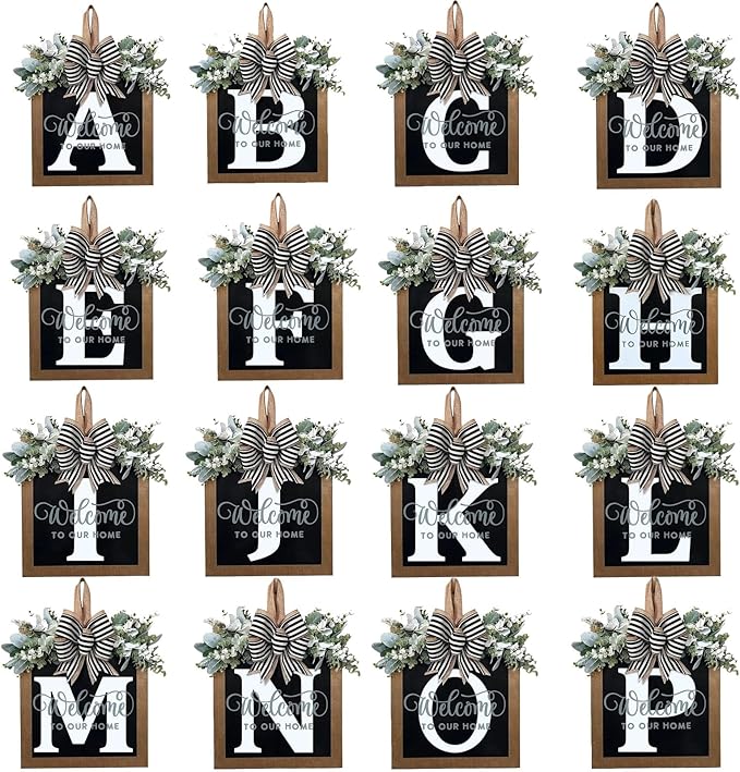 Last Name Year Round Front Door Wreath Front Porch Decoration 26 Letter Welcome Sign with Eucalyptus Garland and Bow Spring Wreaths for Front Door Outside Hanger Garland（K）